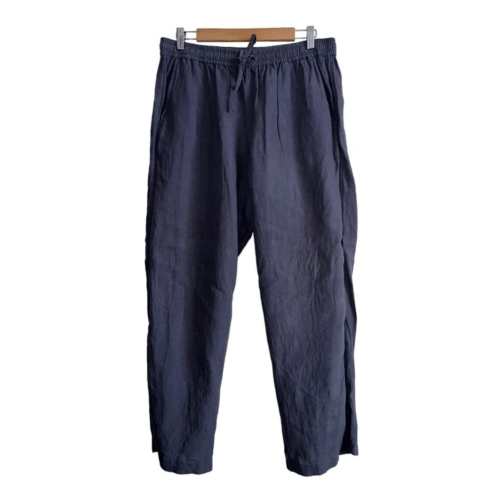 VIKOLINO Pant Women Gray Linen Straight Leg Pull On Elastic Ankle Pants - Picture 1 of 12